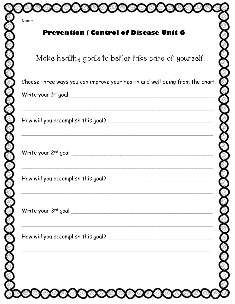 Healthy goal setting: students pick three ways to improve health from the chart and write how they will reach each goal