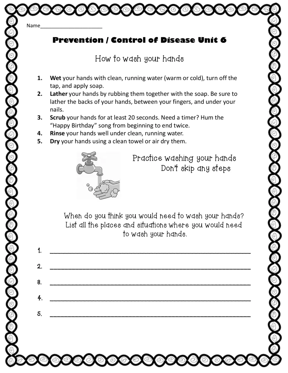 How to wash your hands: five steps from wet to dry, then students list five places or times they would need to wash