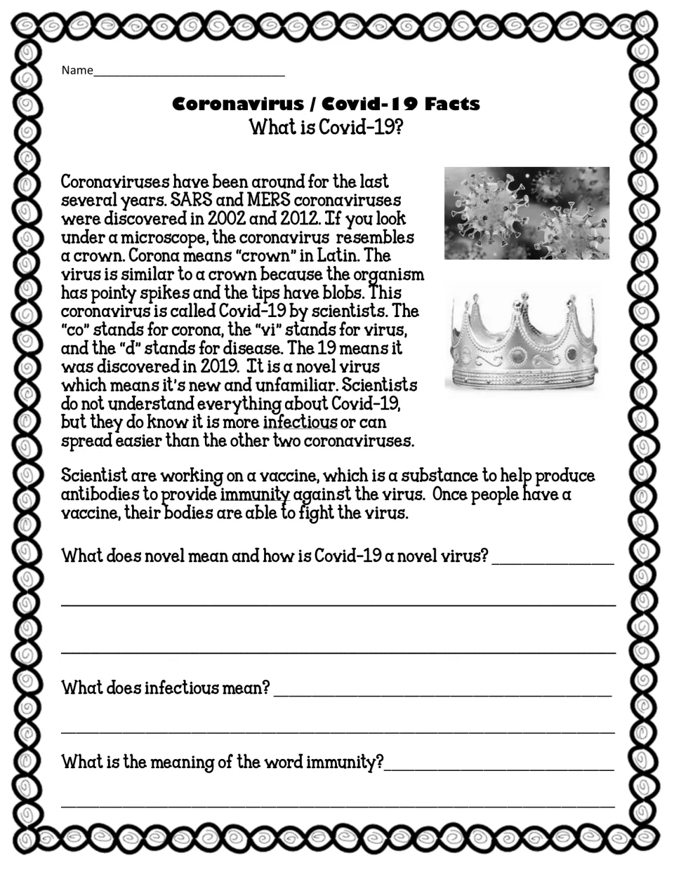 What is Covid-19? reading passage on coronaviruses; students answer what novel, infectious and immunity mean