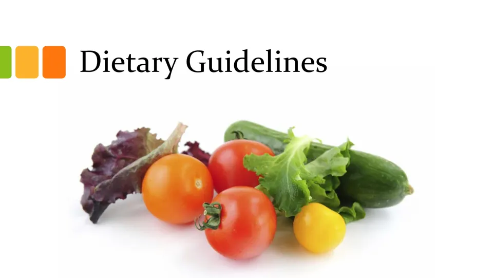 Dietary Guidelines section title slide introducing the presentation's next sequence of nutrition topics.
