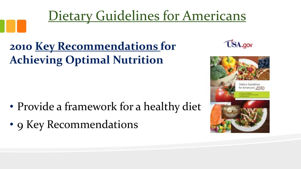 Dietary guidelines overview introducing nine key recommendations from 2010 as a healthy diet framework.