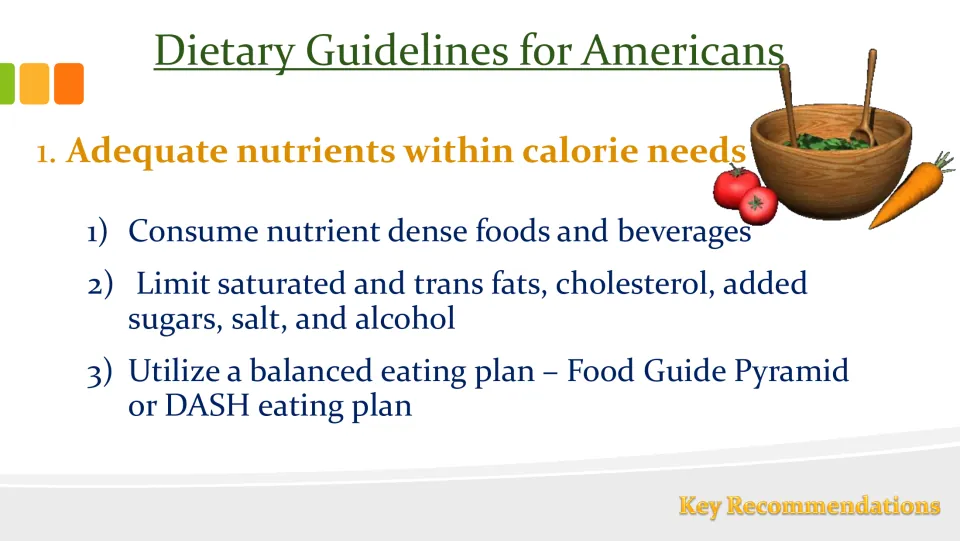 Recommendation 1 slide on adequate nutrients within calorie needs, nutrient-dense foods, and balanced eating.
