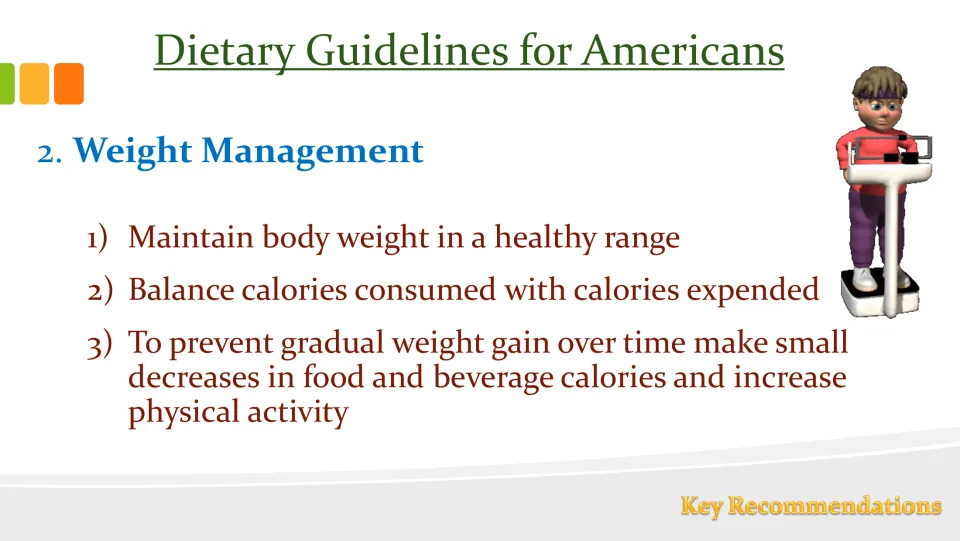 Recommendation 2 slide on weight management, calorie balance, and changes to food intake and physical activity.