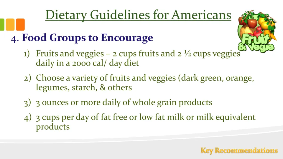 Recommendation 4 slide on food groups to encourage: fruits, vegetables, whole grains, and milk products.