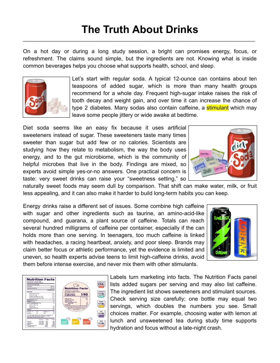 Reading passage opening explains sugar in regular soda, artificial sweeteners in diet soda, and caffeine.