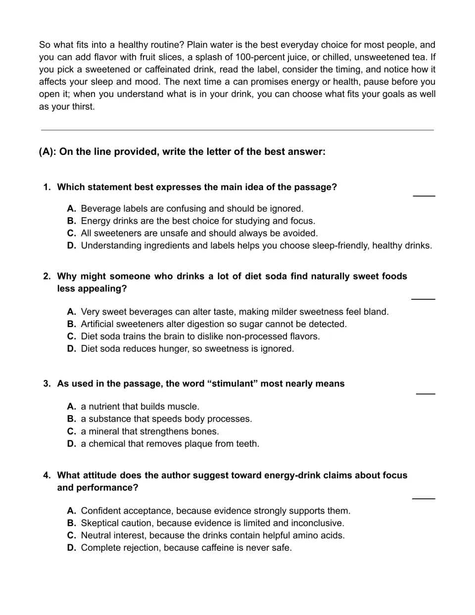 Drinks passage conclusion and questions 1–4 cover the main idea, sweet tastes, stimulants, and energy claims.
