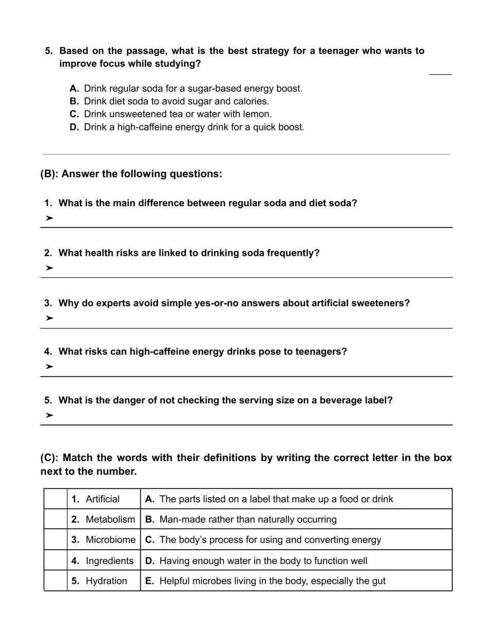 Drinks question 5, five short-answer questions, and vocabulary matching include metabolism and hydration.