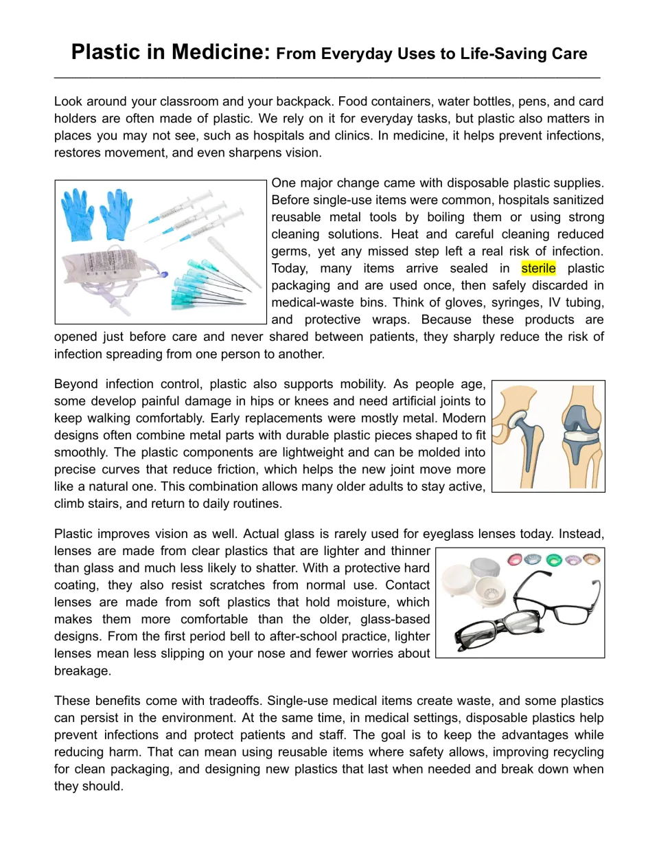 Reading passage opening: plastic medical supplies, artificial joints, vision care, and environmental tradeoffs