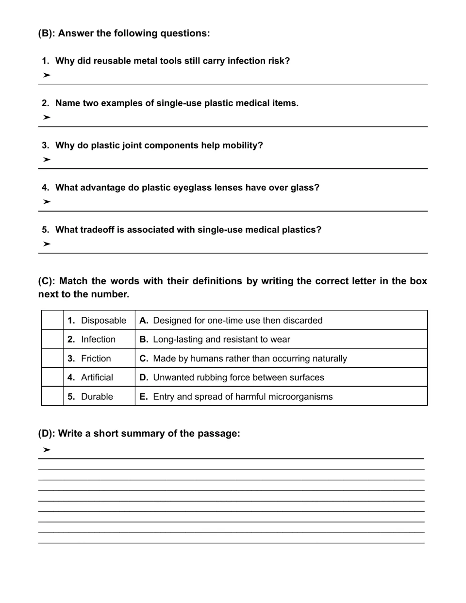 Five short-answer questions, vocabulary matching for five medical passage terms, and a summary writing task