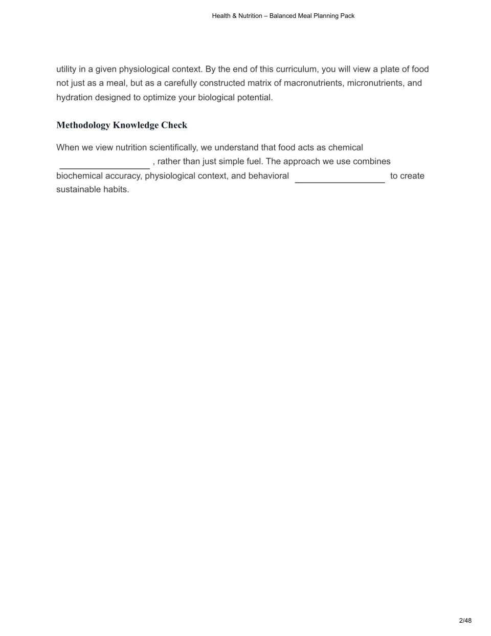 Nutrition methodology reading concludes with a knowledge check on chemical signals and behavioral synthesis
