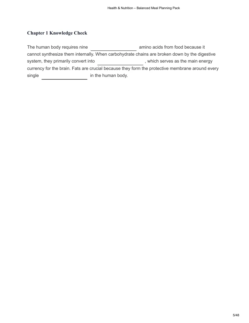Chapter 1 knowledge check asks students to complete statements about amino acids, glucose, and cells