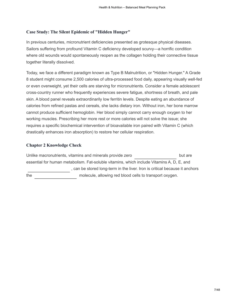Chapter 2 pairs a hidden hunger case study about iron deficiency with a micronutrient knowledge check