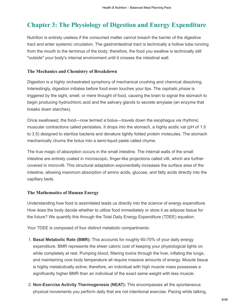 Chapter 3 reading covers digestion, nutrient absorption, and the components of daily energy expenditure