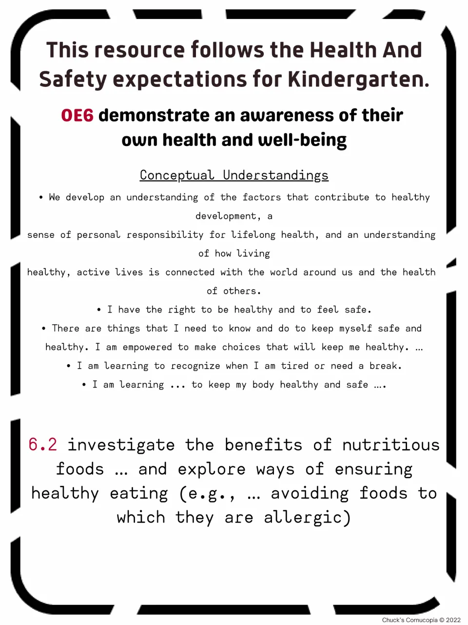 Curriculum overview linking kindergarten health expectations OE6 and 6.2 to healthy eating and allergies