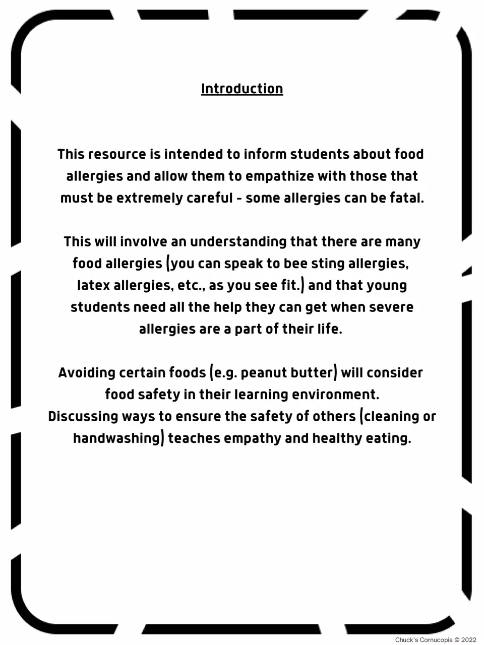Teacher introduction explaining the packet's focus on food allergies, empathy, cleaning, and handwashing