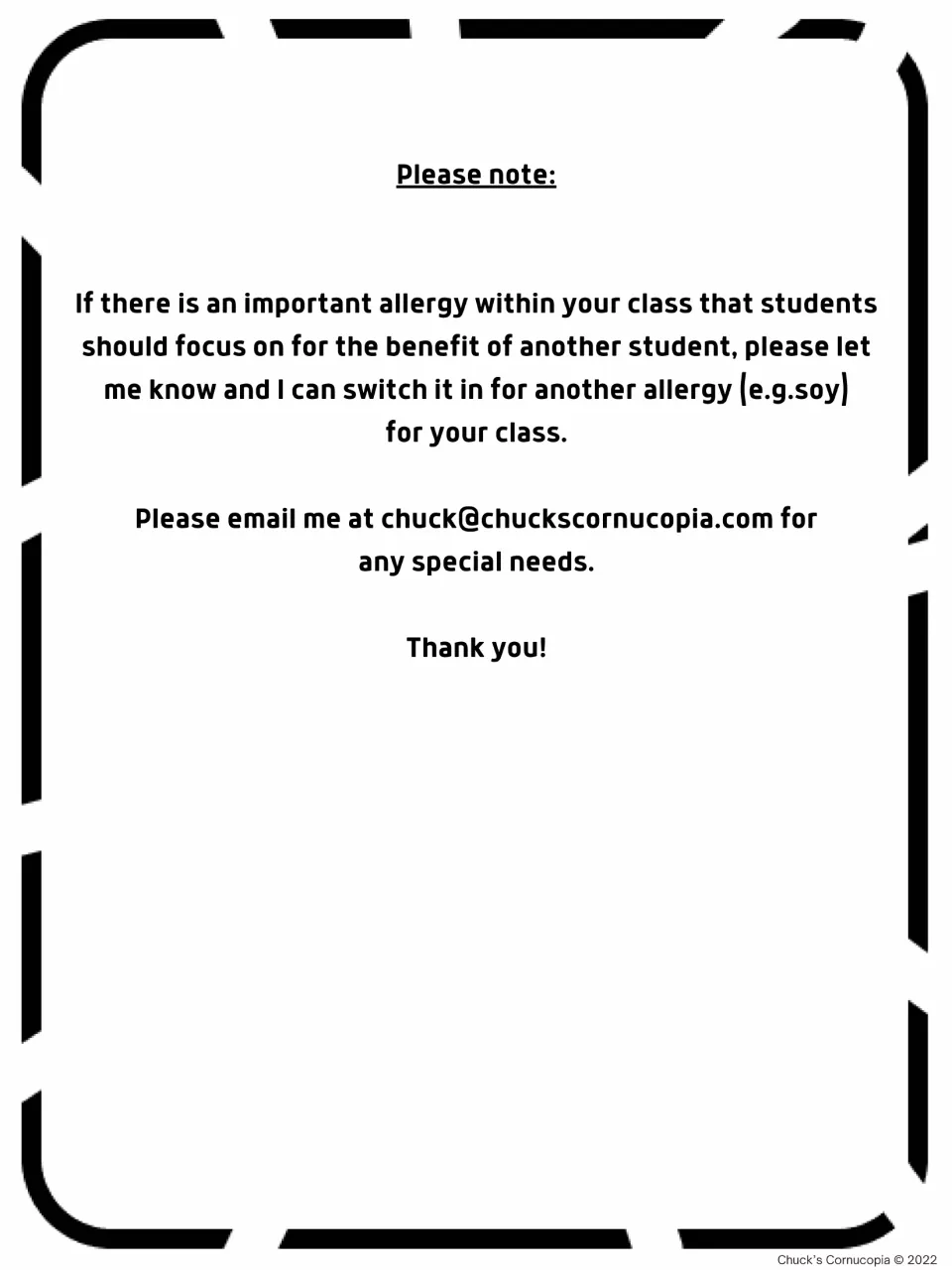 Teacher note offering to substitute an allergy relevant to the class, with soy given as an example