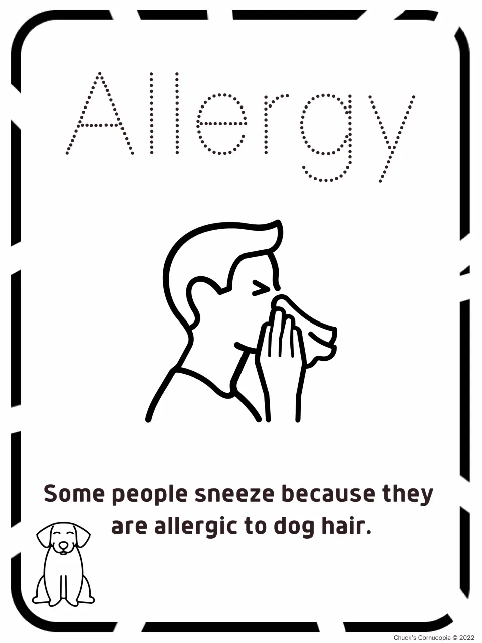 Allergy vocabulary tracing page showing a person sneezing and a sentence about allergies to dog hair
