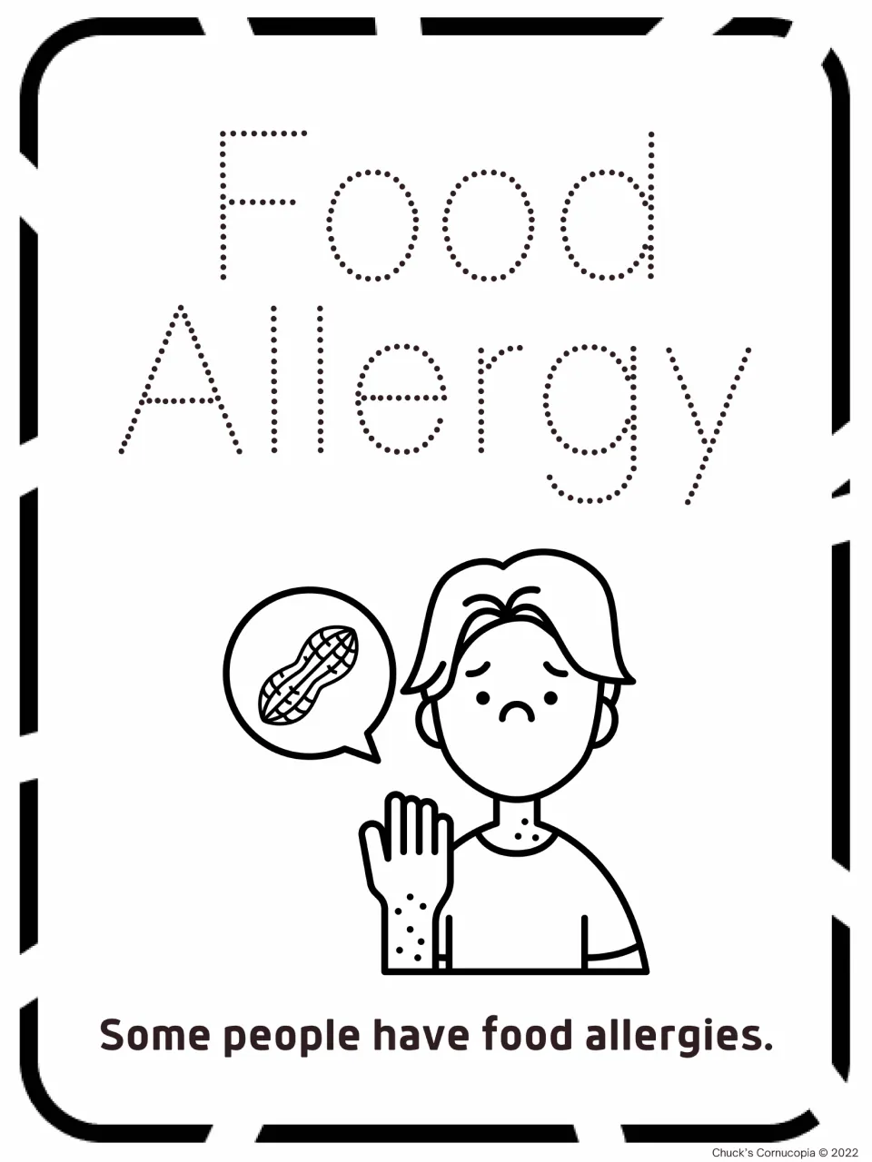 Food Allergy tracing page showing a child with spots and a peanut, stating some people have food allergies