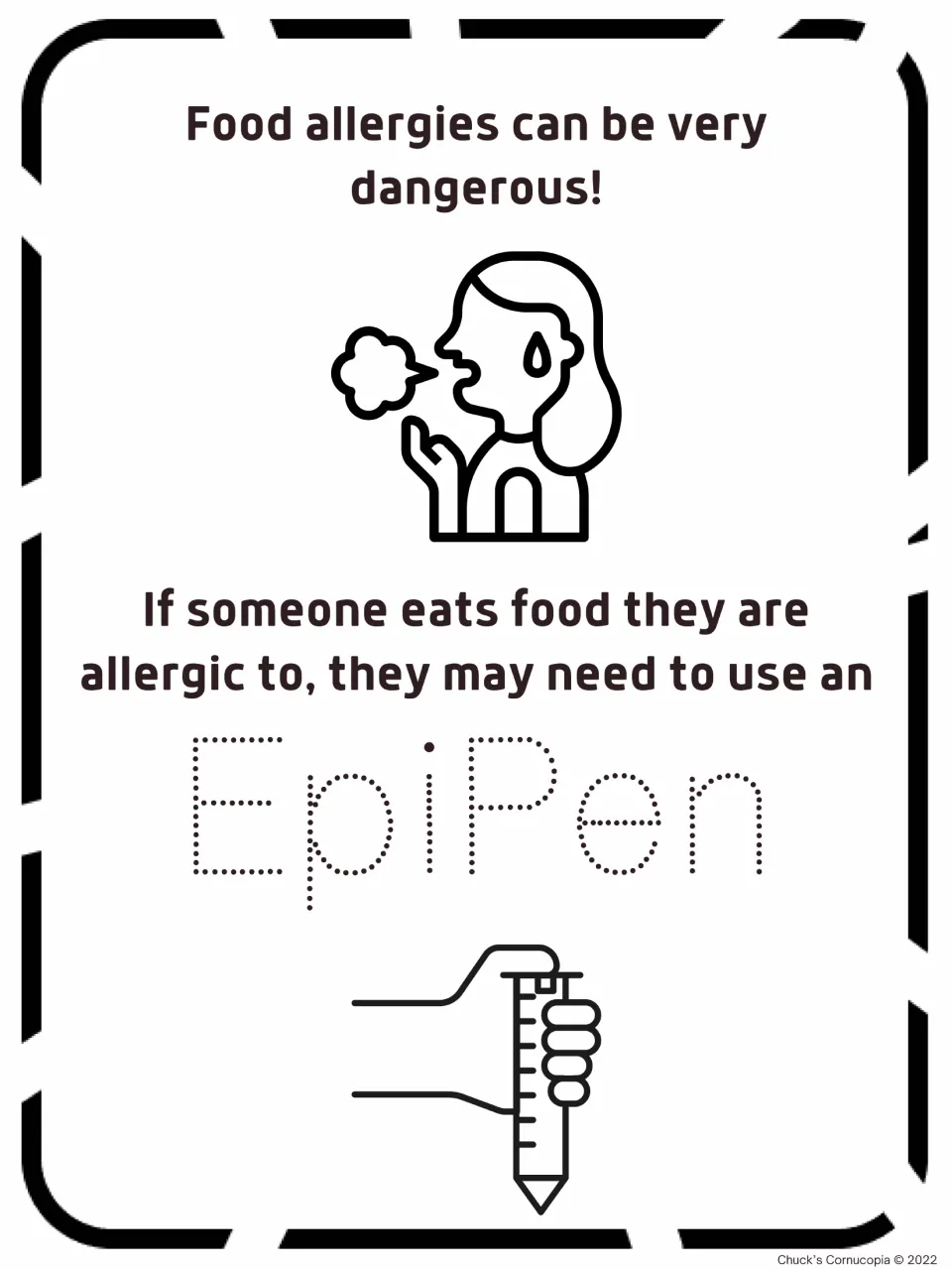 EpiPen vocabulary tracing page explaining that food allergies can be dangerous and may require an EpiPen