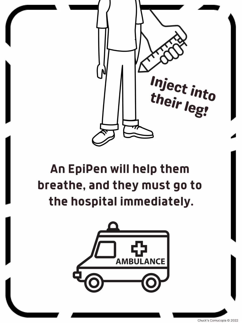 Emergency care reading page showing an injector near a leg and stating that hospital care is needed immediately