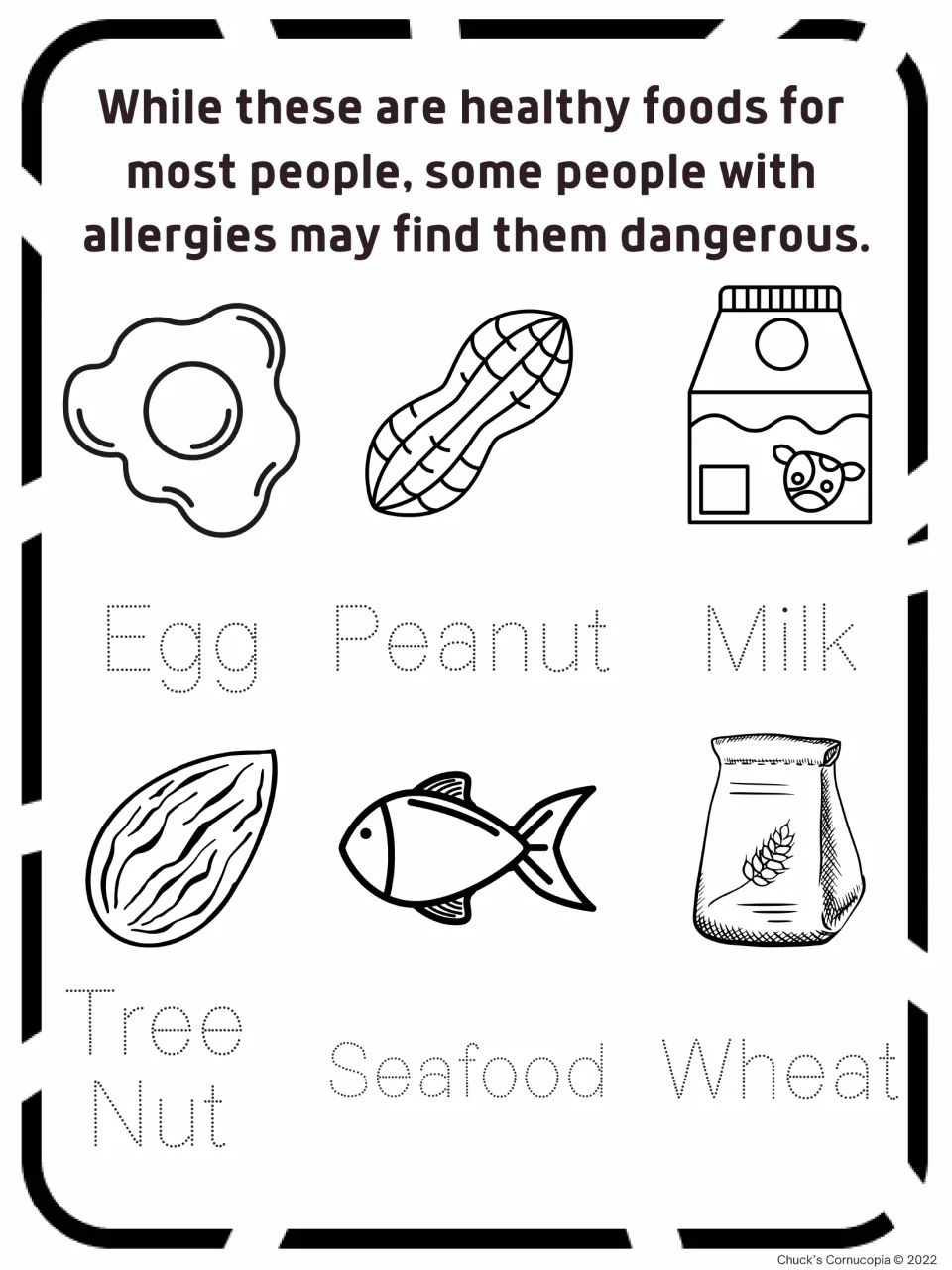 Food allergy vocabulary tracing page with labeled pictures of egg, peanut, milk, tree nut, seafood, and wheat