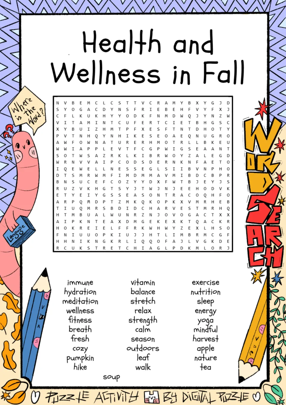 Fall wellness word search: students find 31 words such as immune, hydration, yoga, harvest and soup among the letters