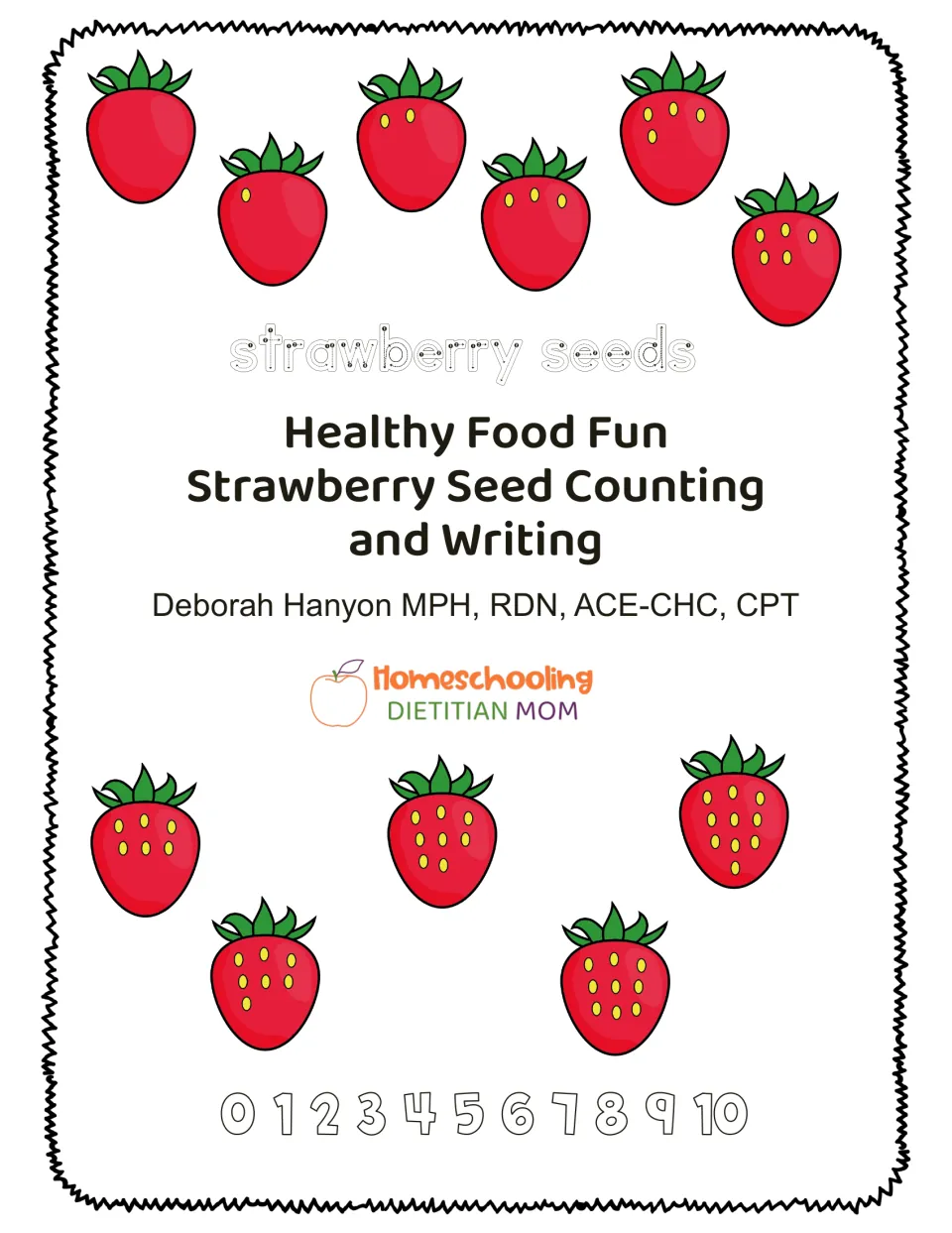 Cover of the strawberry seed counting and writing pack by Deborah Hanyon, showing seed counts from 0 to 10