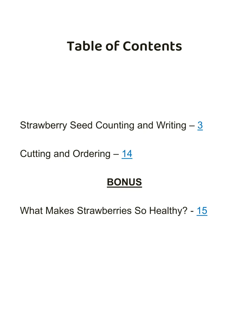 Contents list seed counting and writing on page 3, cutting and ordering on 14, and strawberry health on 15