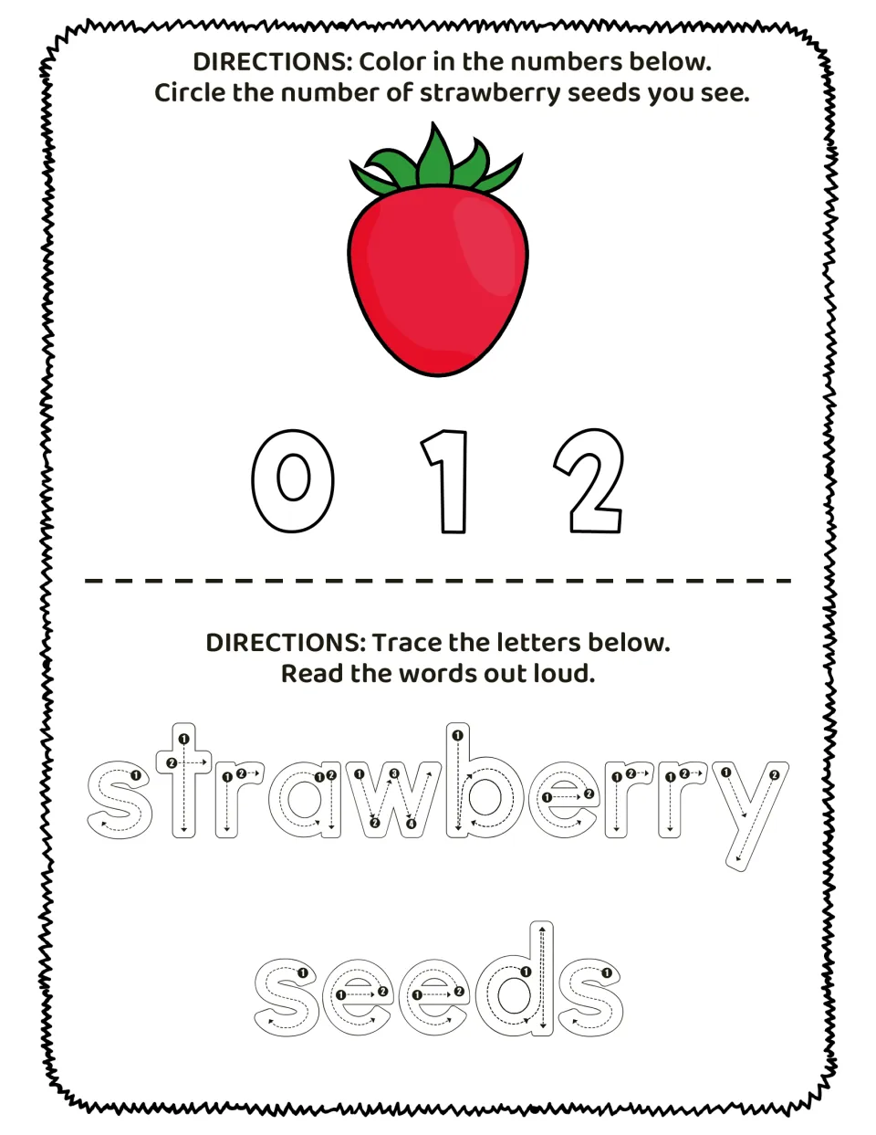 Counting practice: a strawberry has 0 seeds; color numbers 0, 1, 2, circle the count, and trace 'strawberry seeds'