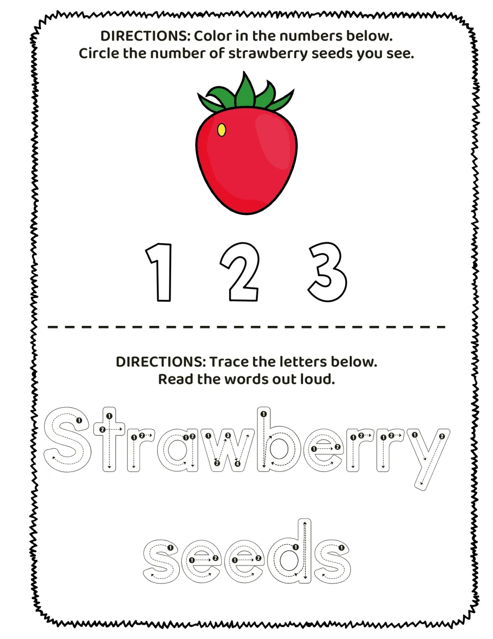 Counting practice: a strawberry has 1 seed; color numbers 1, 2, 3, circle the count, and trace 'Strawberry seeds'