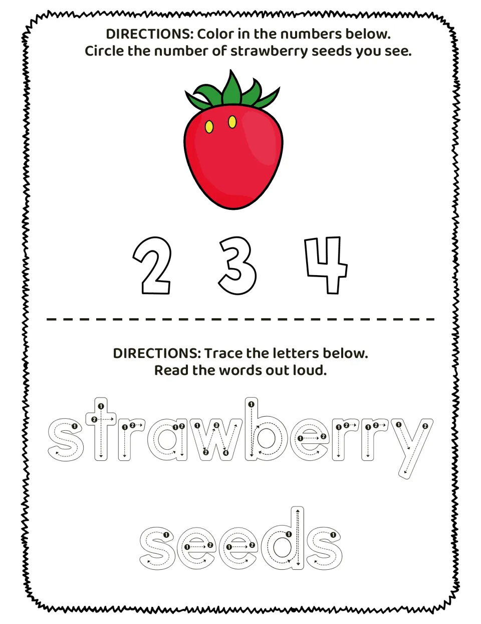 Counting practice: a strawberry has 2 seeds; color numbers 2, 3, 4, circle the count, and trace 'strawberry seeds'