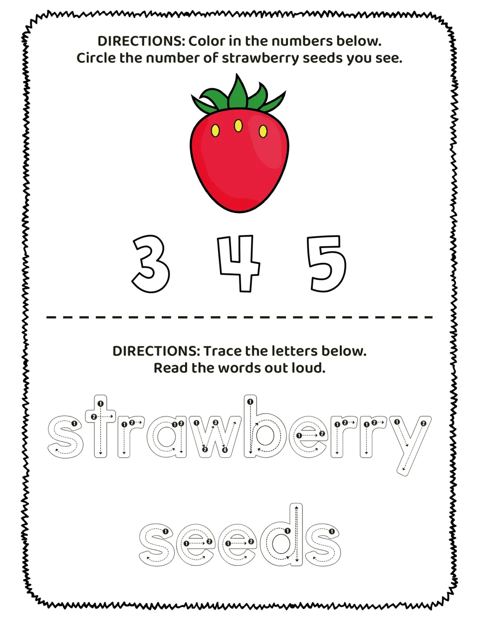 Counting practice: a strawberry has 3 seeds; color numbers 3, 4, 5, circle the count, and trace 'strawberry seeds'
