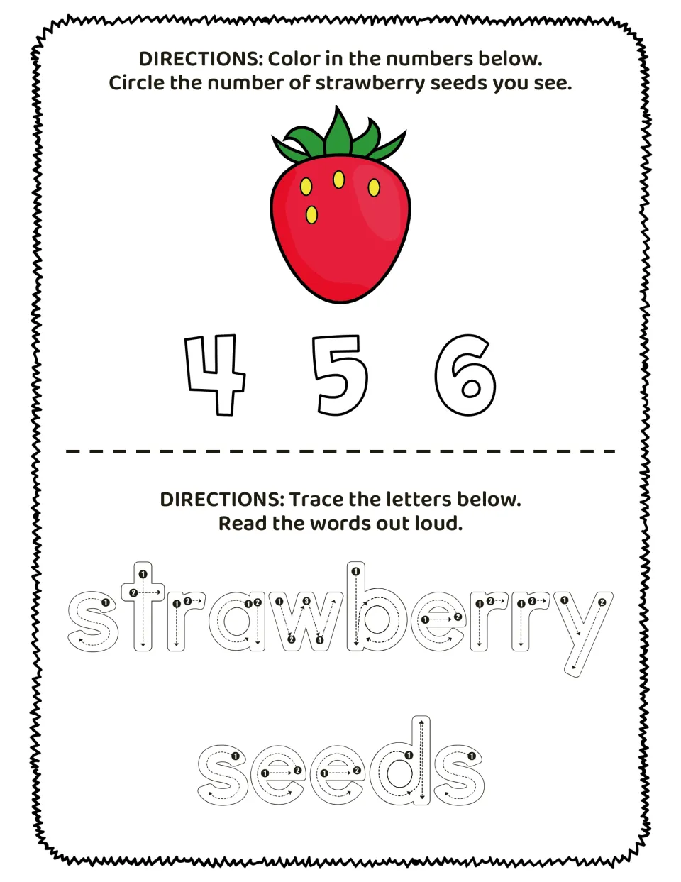 Counting practice: a strawberry has 4 seeds; color numbers 4, 5, 6, circle the count, and trace 'strawberry seeds'