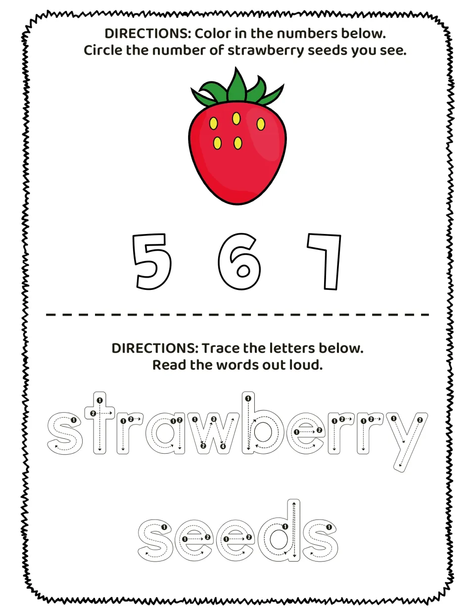 Counting practice: a strawberry has 5 seeds; color numbers 5, 6, 7, circle the count, and trace 'strawberry seeds'