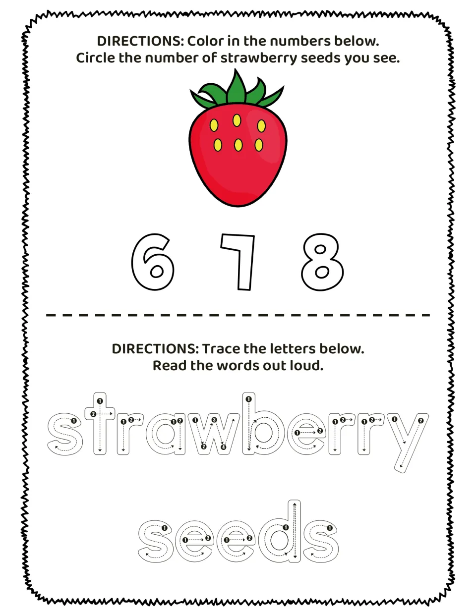Counting practice: a strawberry has 6 seeds; color numbers 6, 7, 8, circle the count, and trace 'strawberry seeds'