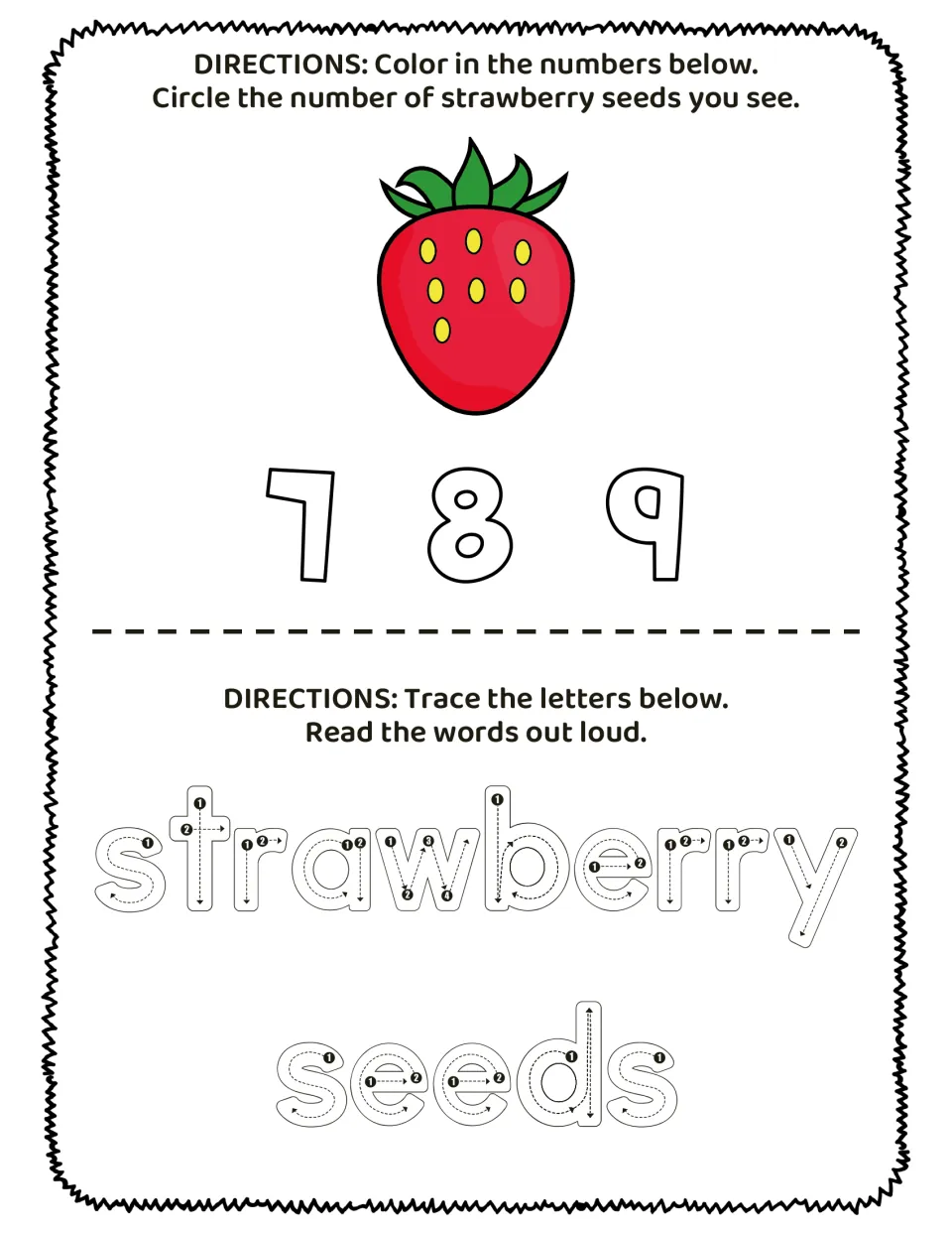 Counting practice: a strawberry has 7 seeds; color numbers 7, 8, 9, circle the count, and trace 'strawberry seeds'