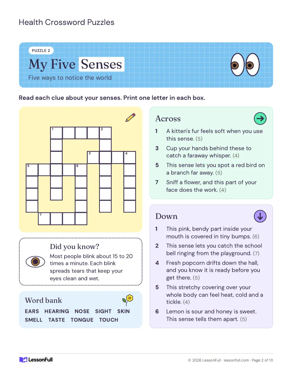 Puzzle 2 My Five Senses crossword with clues on touch, ears, sight, tongue and taste, plus a fact about blinking