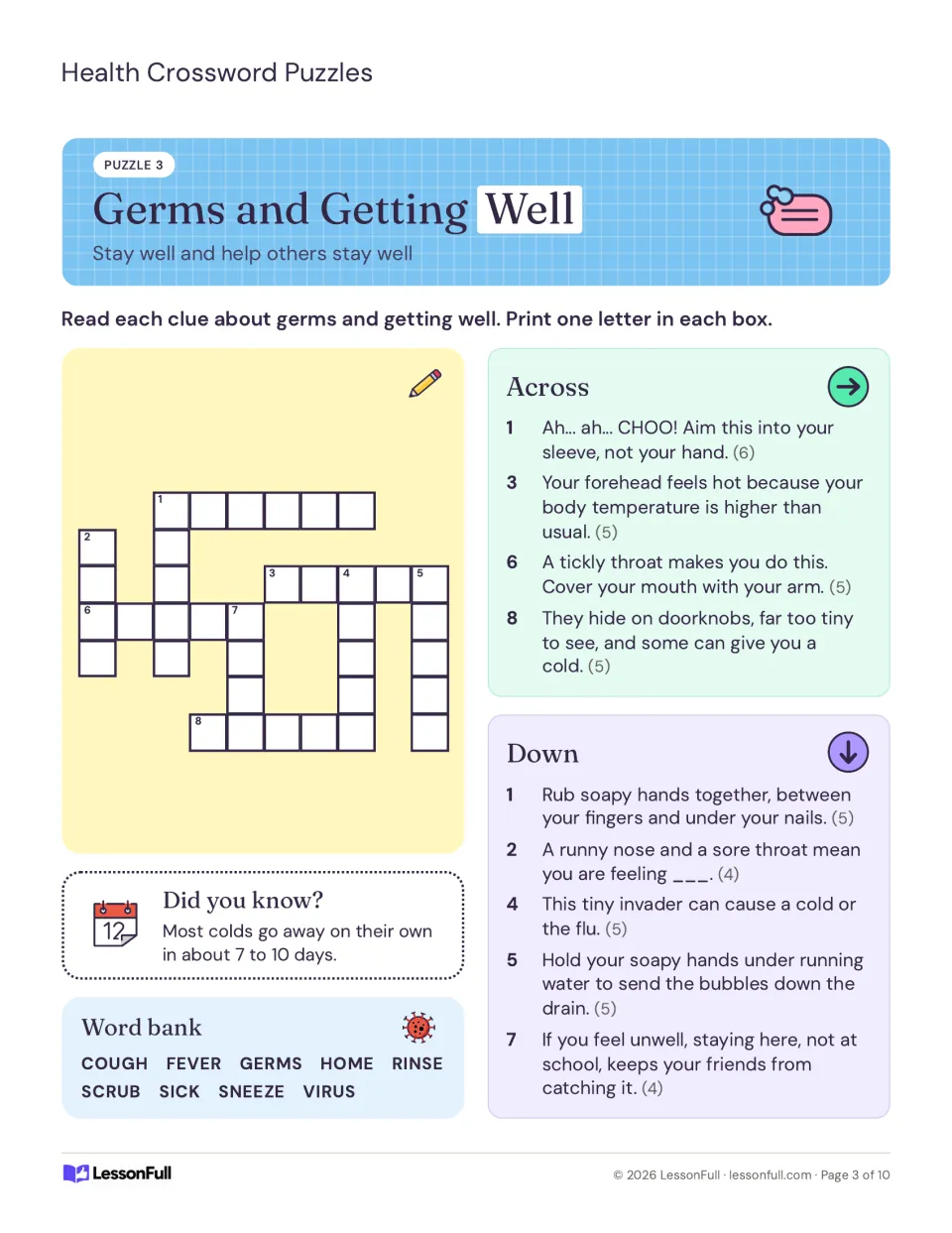 Puzzle 3 Germs and Getting Well crossword with clues on sneezing, fever, scrubbing hands and viruses