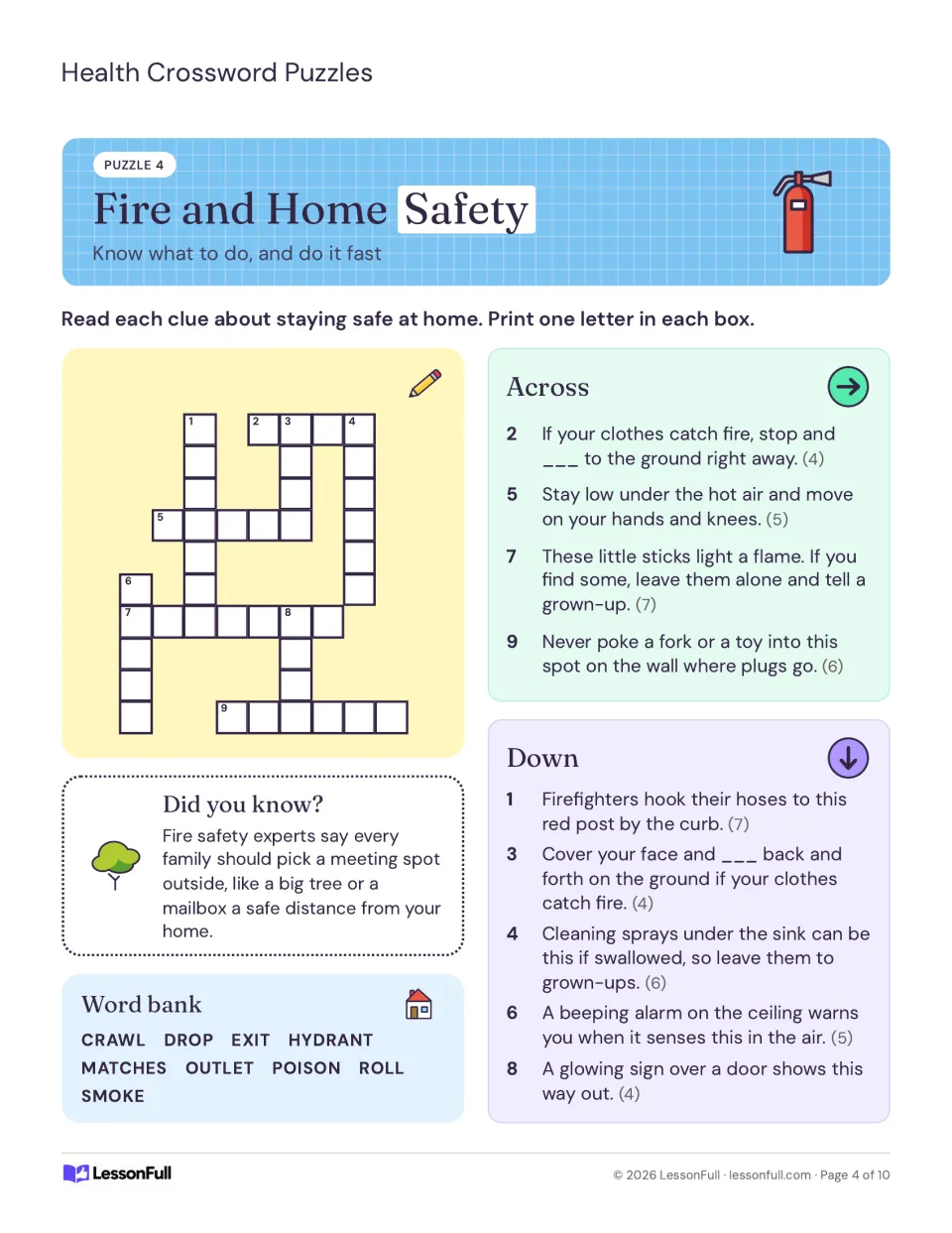Puzzle 4 Fire and Home Safety crossword with clues on stop, drop and roll, crawling low, smoke alarms and exits