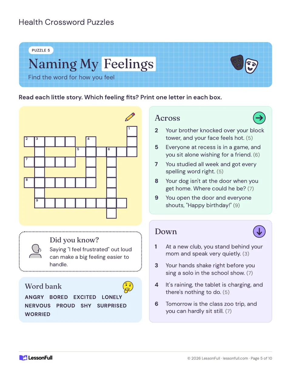 Puzzle 5 Naming My Feelings crossword where short stories lead to words like angry, lonely, proud, nervous and bored