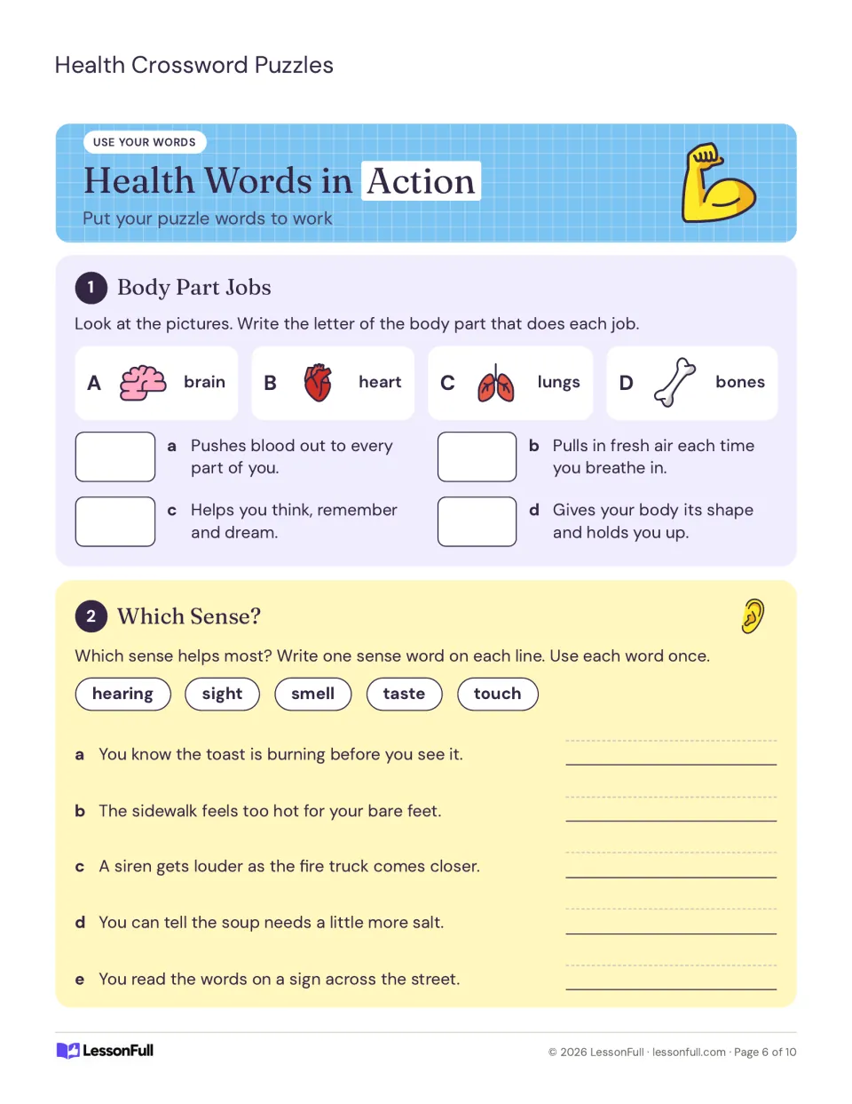 Health Words in Action: match brain, heart, lungs and bones to their jobs, then choose which sense helps in five situations