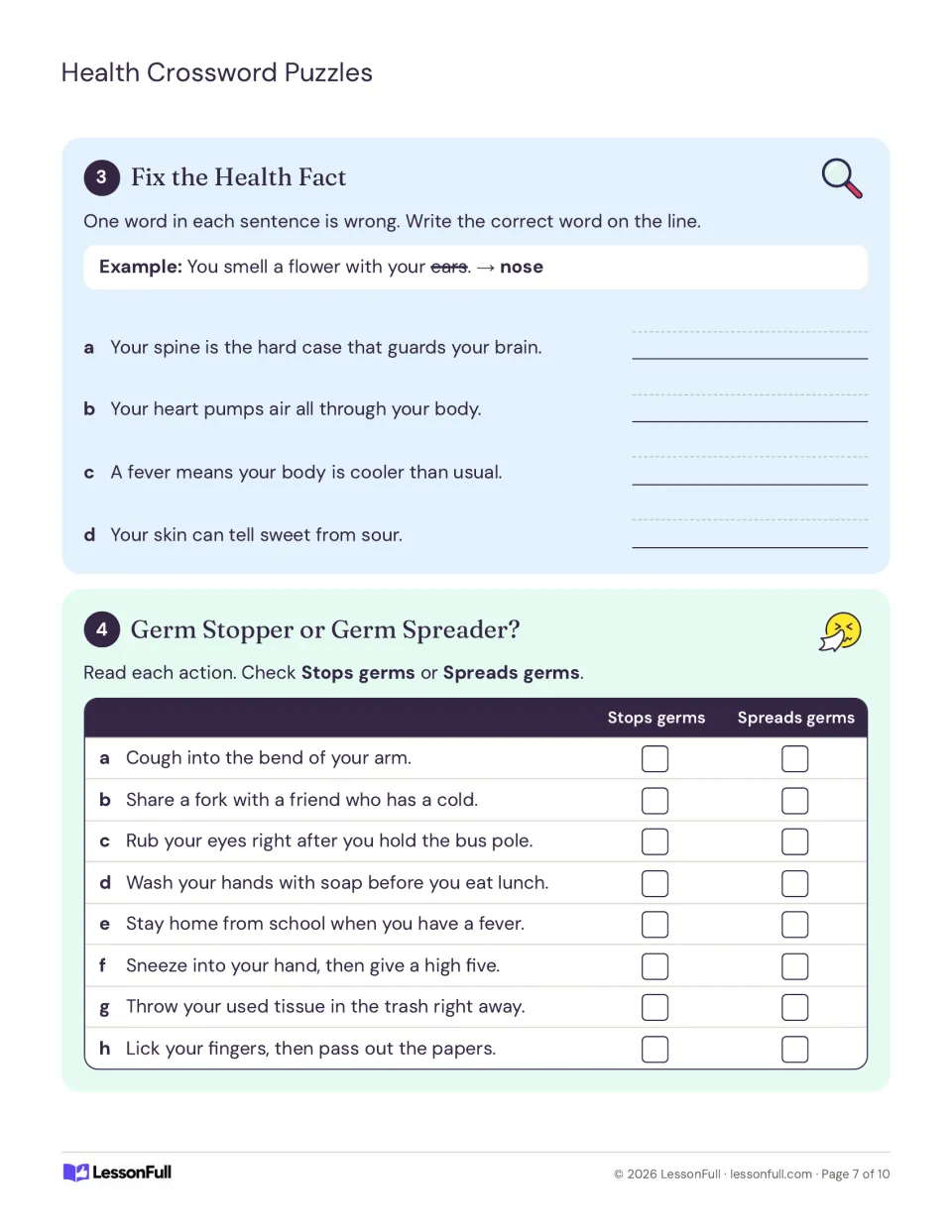 Fix the Health Fact sentences about spine, heart, fever and skin, then sort actions as germ stoppers or germ spreaders