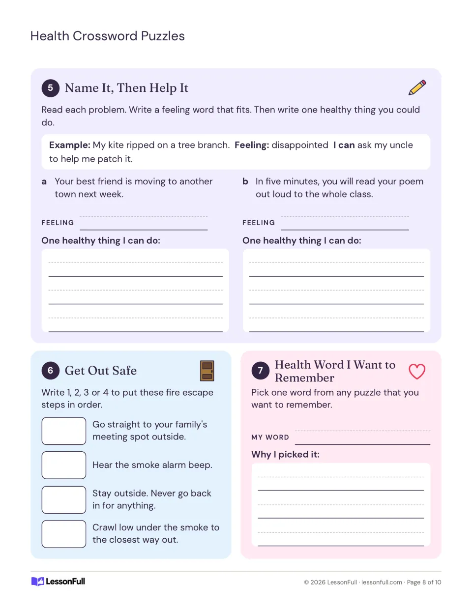 Name It, Then Help It feeling scenarios, ordering four fire escape steps, and choosing a health word to remember
