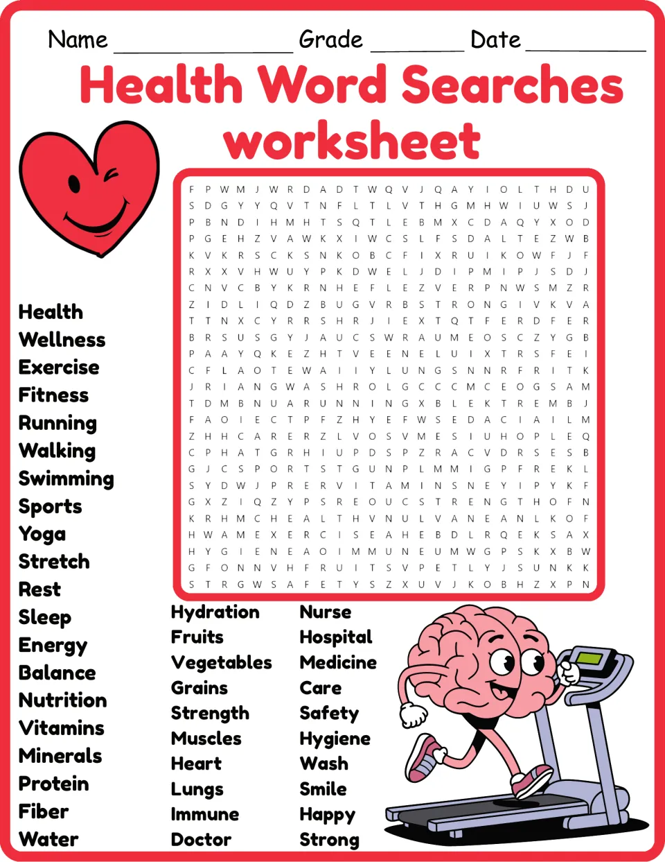 Health word search in color: students find 40 words such as wellness, nutrition, hygiene and hydration in a letter grid