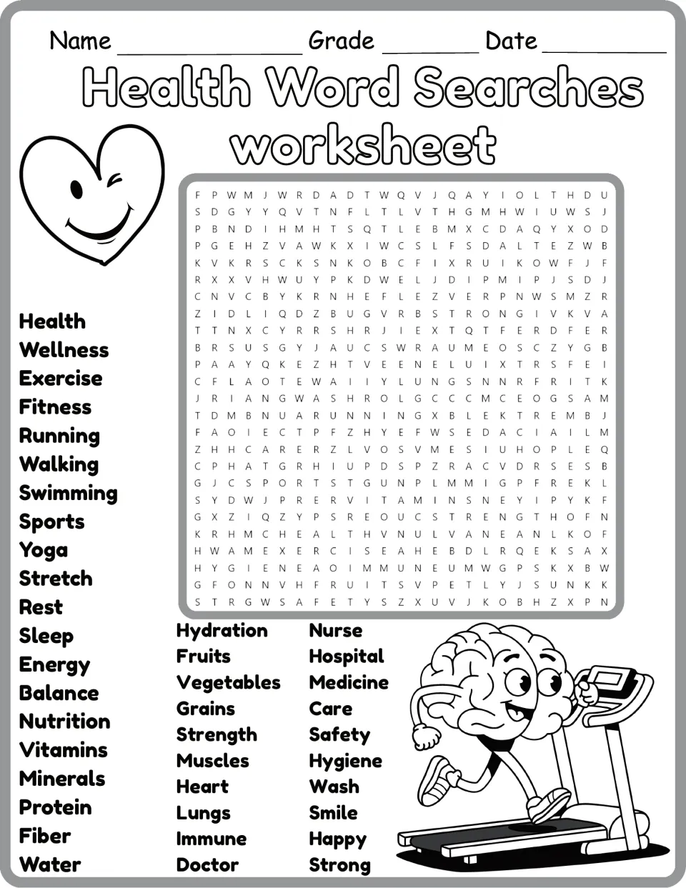 Black-and-white health word search: students hunt for words like fitness, vitamins, muscles and safety hidden in the grid