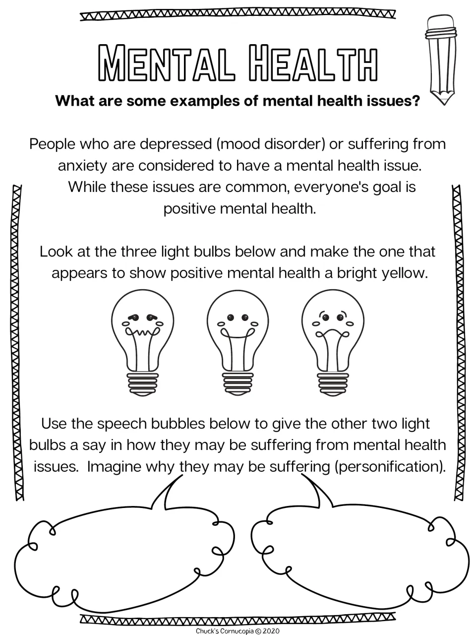 Examples of mental health issues: students colour the happy light bulb and write speech for the anxious and sad bulbs