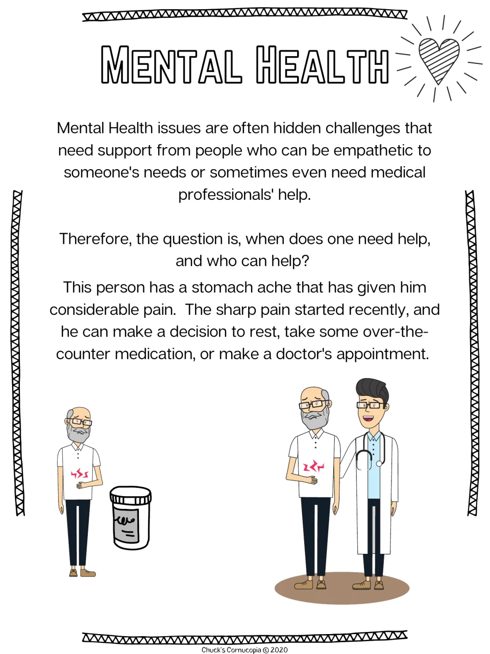 When to get help: mental health issues as hidden challenges; a man weighs rest, medicine or a doctor for a stomach ache