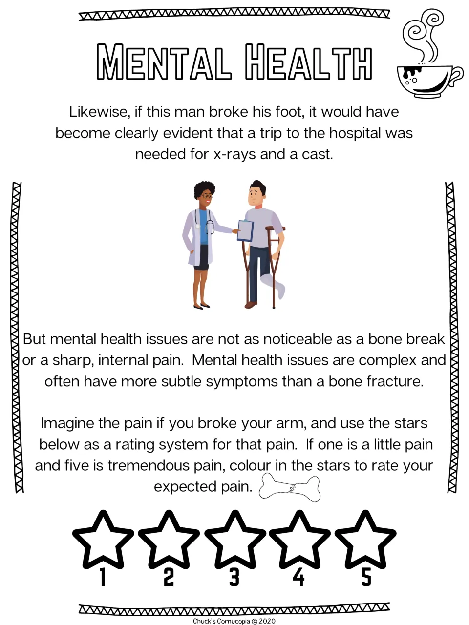 Visible vs hidden pain: a broken foot needs x-rays, mental health signs are subtle; students colour stars to rate arm pain
