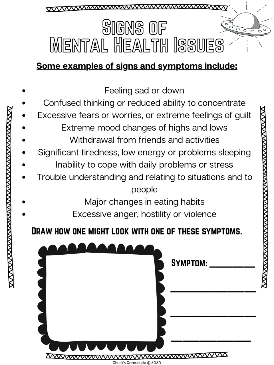 Signs of mental health issues: ten symptoms, then students draw how someone might look with one and name the symptom