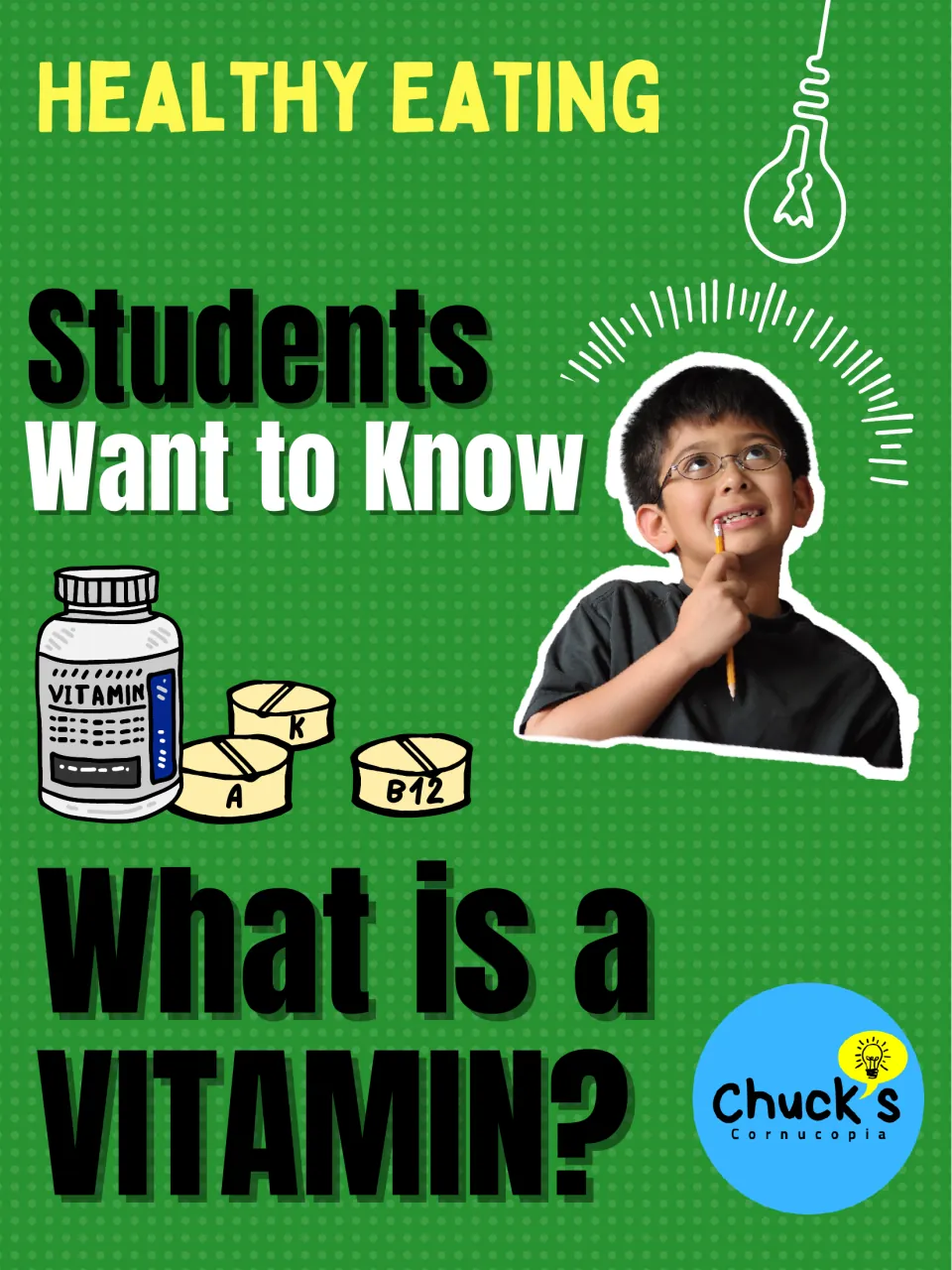 Healthy Eating cover titled What is a Vitamin? with a vitamin bottle, A, K and B12 tablets and a thinking student
